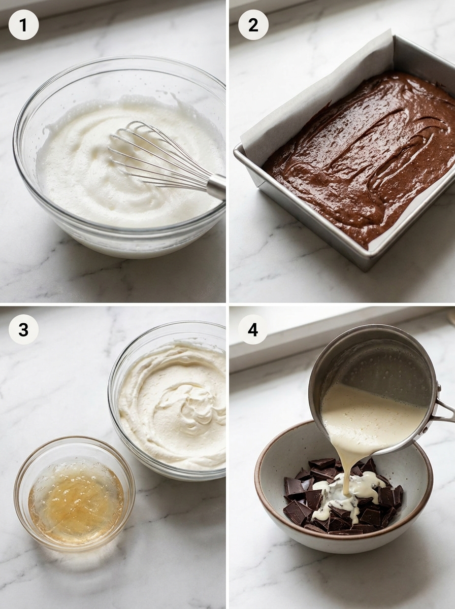 Four steps of making wuzetka cake from whipping egg whites to pouring chocolate glaze