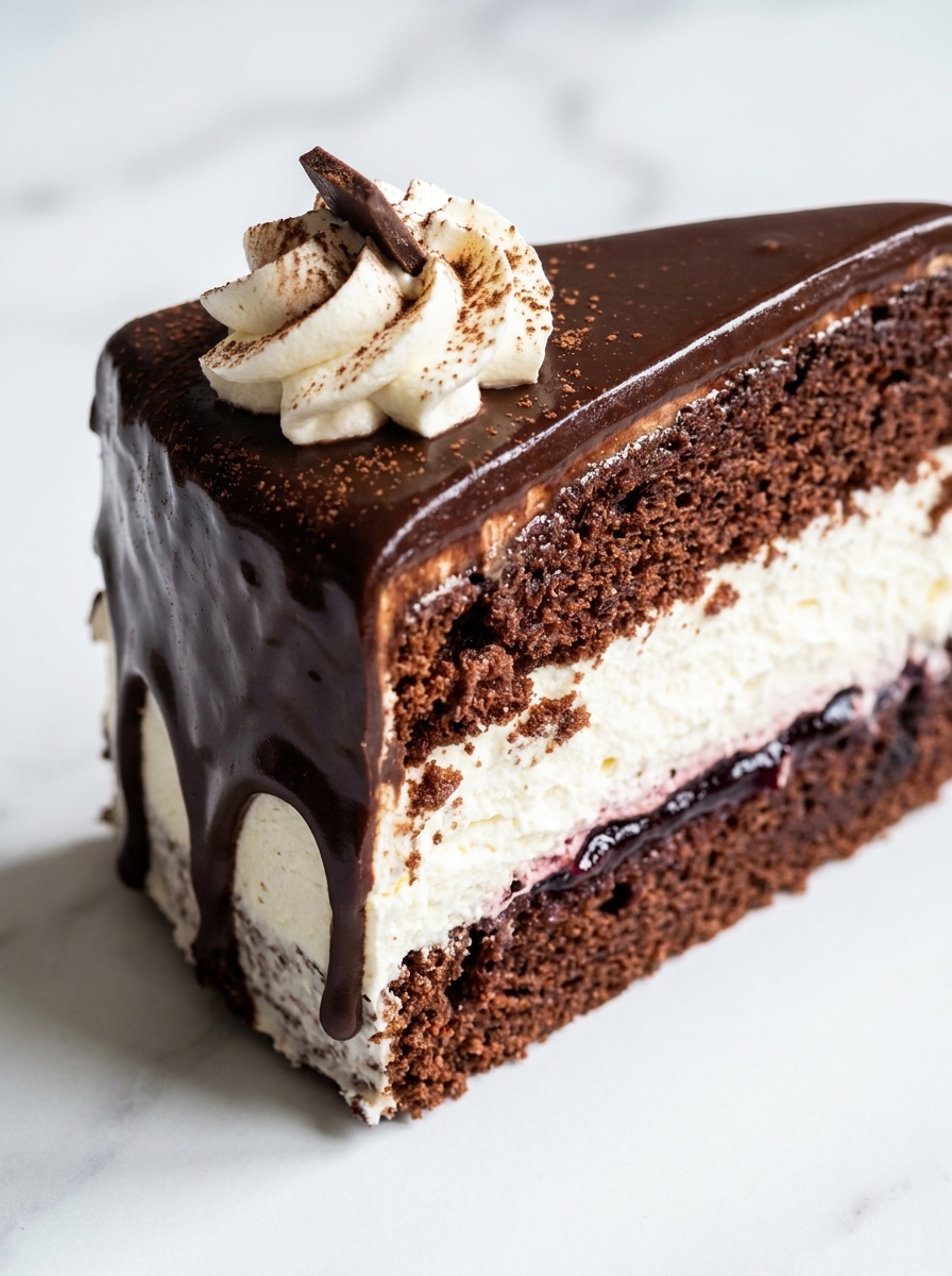 Close-up slice of wuzetka cake showing chocolate glaze and layered cream filling