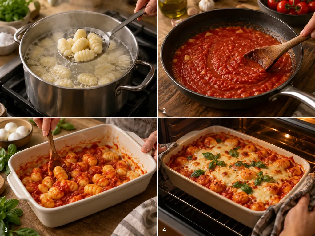 Cztery etapy przygotowania zapiekanki gnocchi z sosem pomidorowym i serem