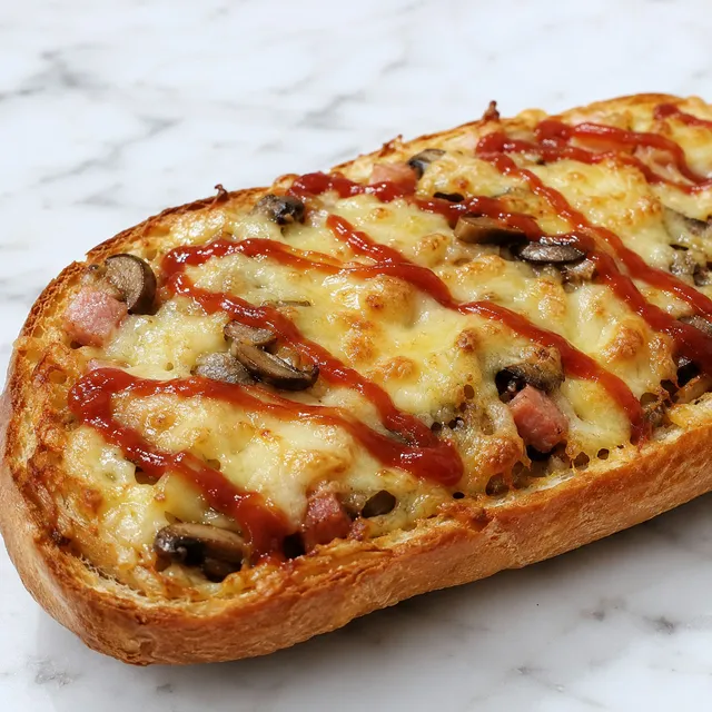 Loaded Polish zapiekanka with melted cheese, mushrooms, ham and ketchup