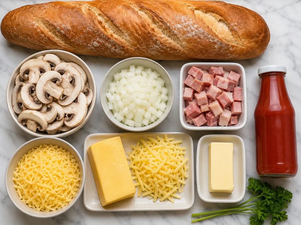 Raw ingredients for zapiekanka including baguette, mushrooms, ham and cheese