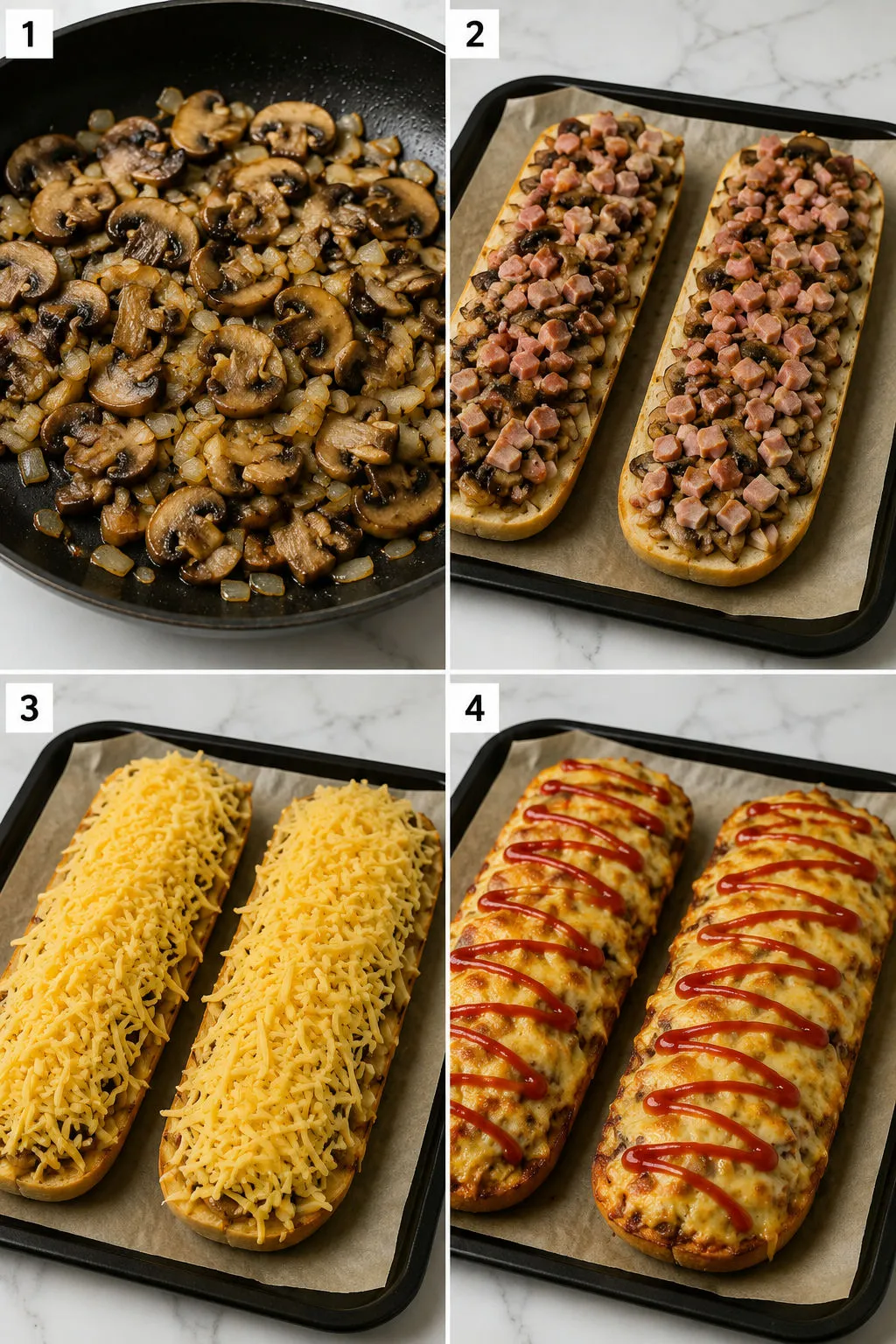 Four steps of making loaded zapiekanka from sauteing mushrooms to baking