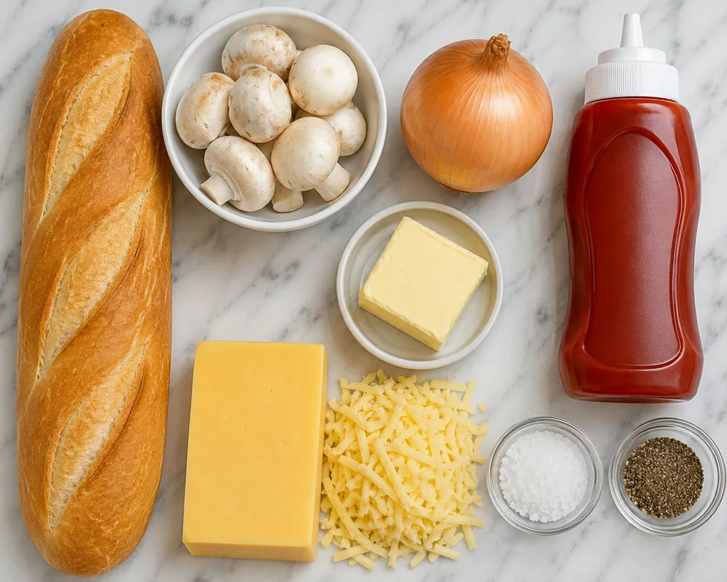 Surowe składniki na zapiekankę: bagietka, pieczarki, cebula, żółty ser i ketchup