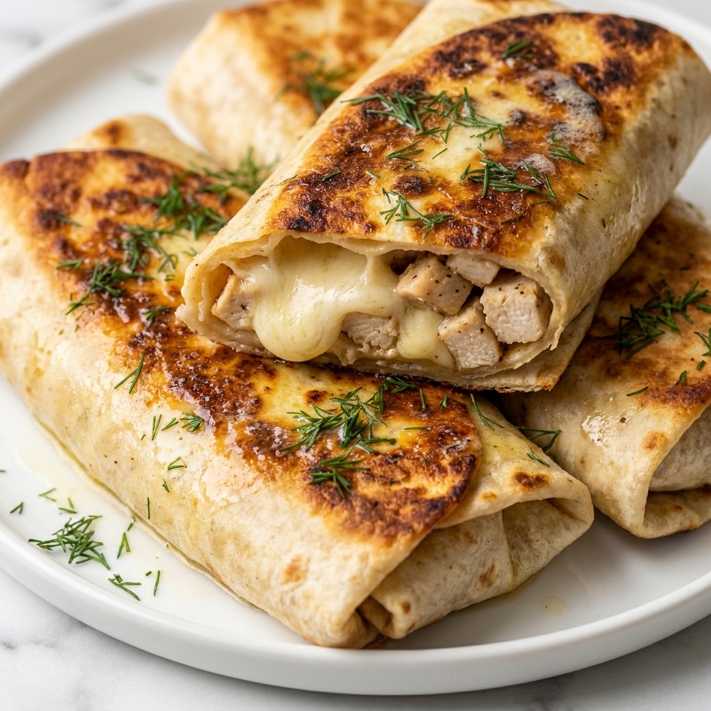 Golden rolled chicken and garlic pancakes sliced open showing melted cheese filling