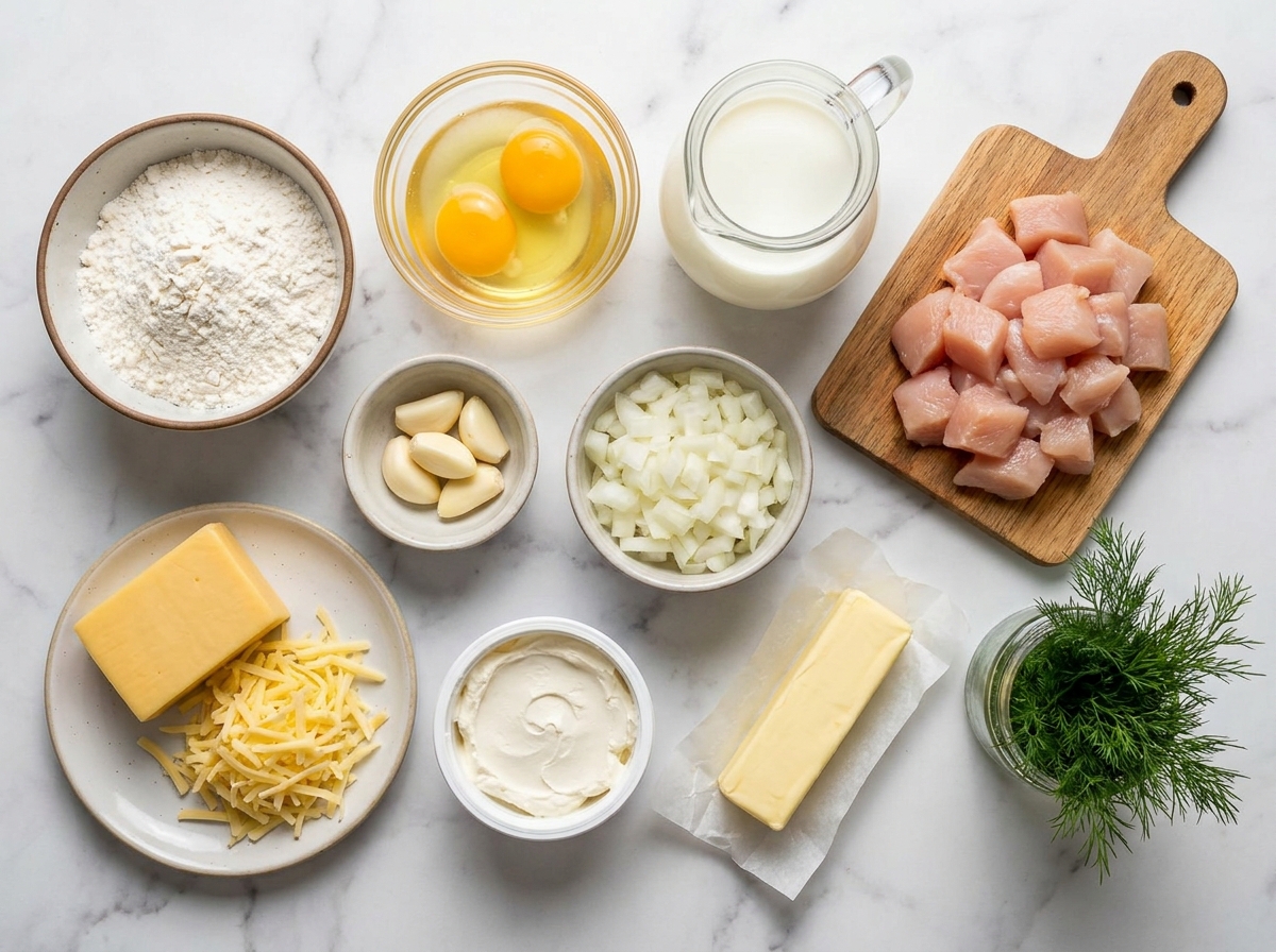 Raw ingredients for rolled chicken garlic pancakes including chicken, cheese, garlic and dill