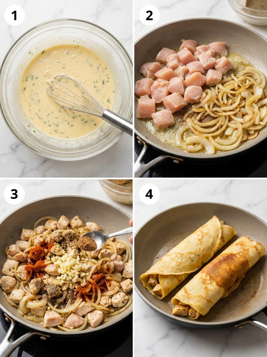 Four steps of making rolled chicken garlic pancakes from batter to golden seared rolls