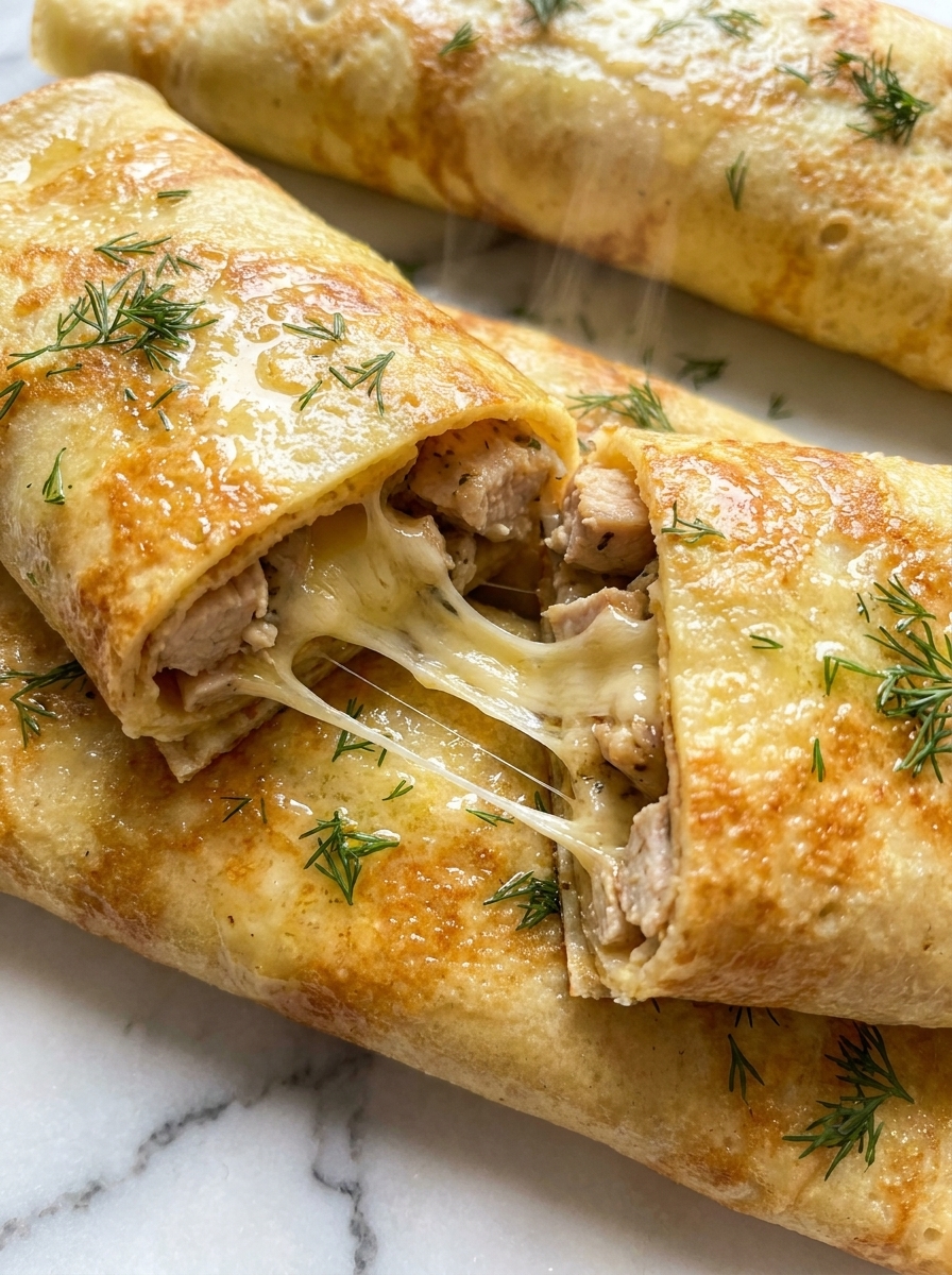 Rolled chicken garlic pancake pulled apart to show melted cheese and chicken filling
