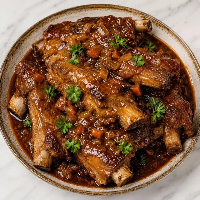 Polish braised pork ribs in thick onion gravy on a rustic plate