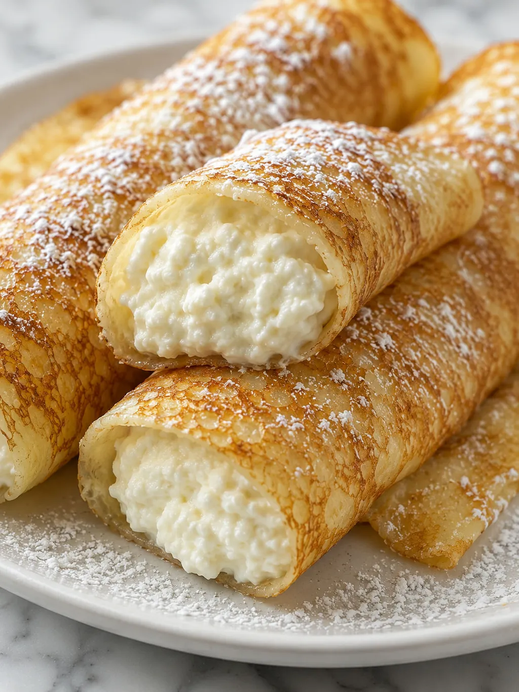 Golden Polish crepe cut open revealing creamy sweet farmer's cheese filling