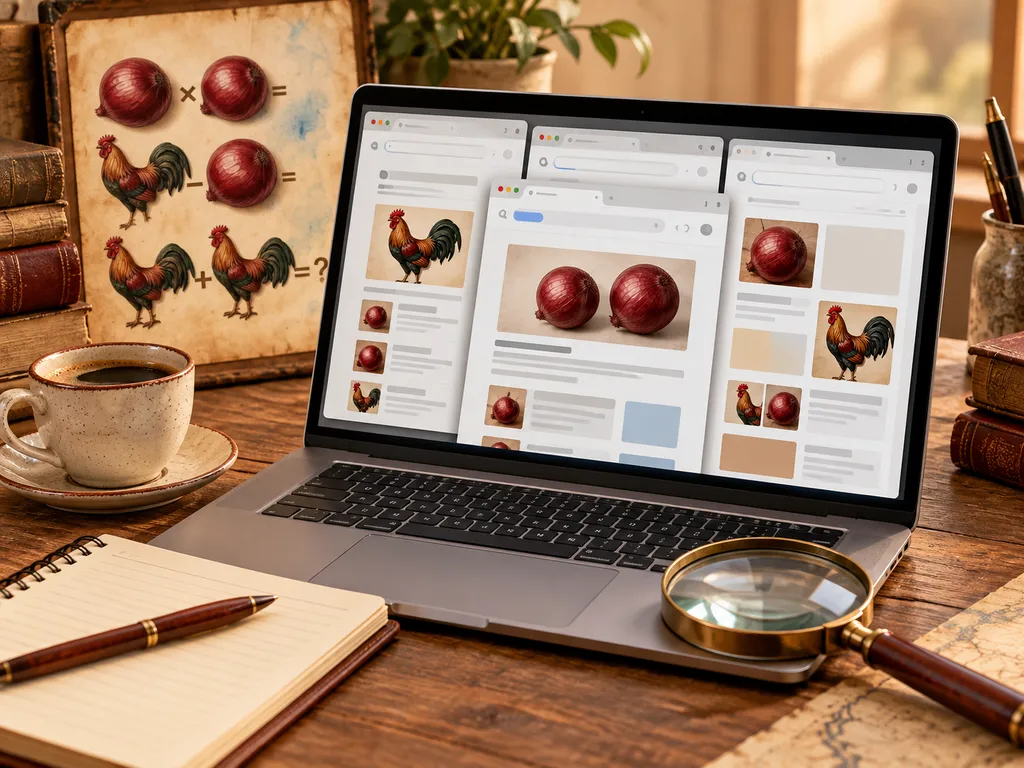 Laptop, notes i lupa symbolizujące sprawdzanie informacji w kilku źródłach.