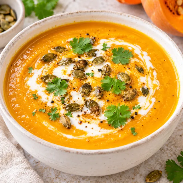 Zupa dyniowa z mleczkiem kokosowym, pestkami dyni i kolendrą