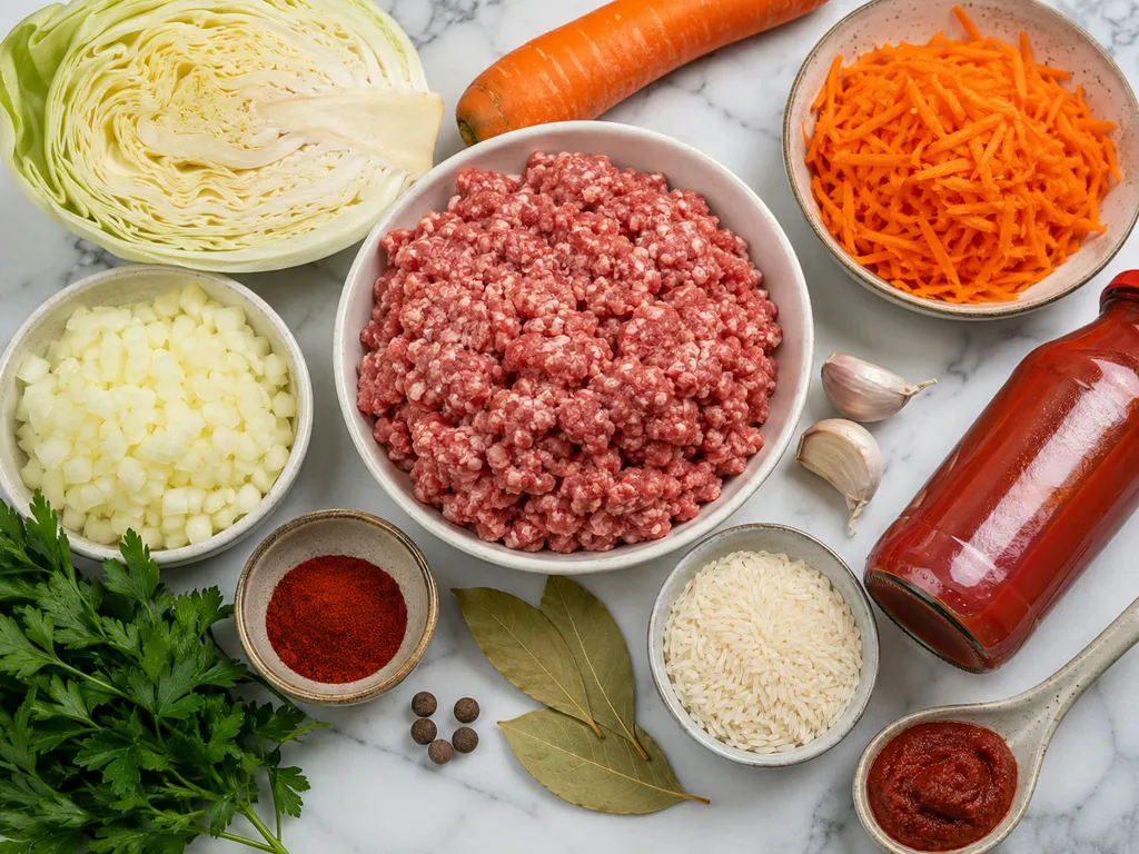 Raw ingredients for Polish stuffed cabbage soup including cabbage, ground meat, and rice