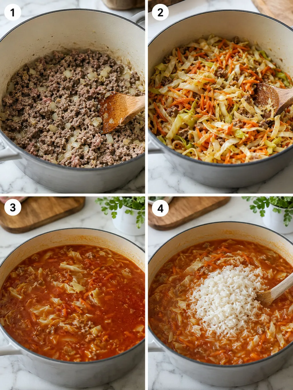 Four steps of making Polish stuffed cabbage soup from browning meat to ladling soup