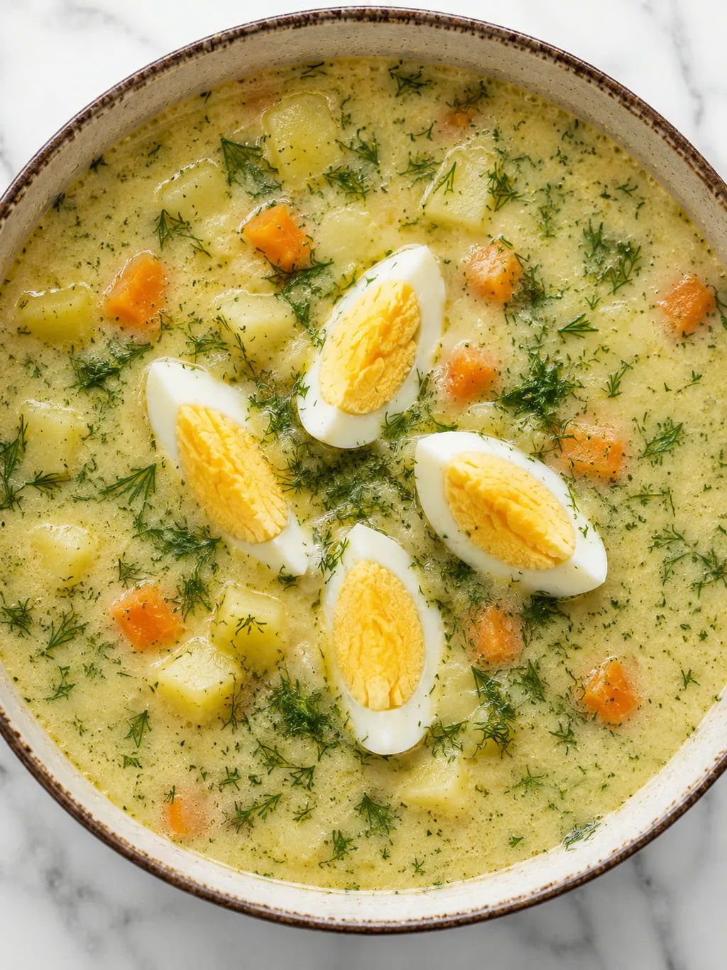 Top-down bowl of creamy Polish dill soup with egg and fresh dill