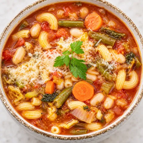 Zupa minestrone z fasolą, makaronem, natką i parmezanem