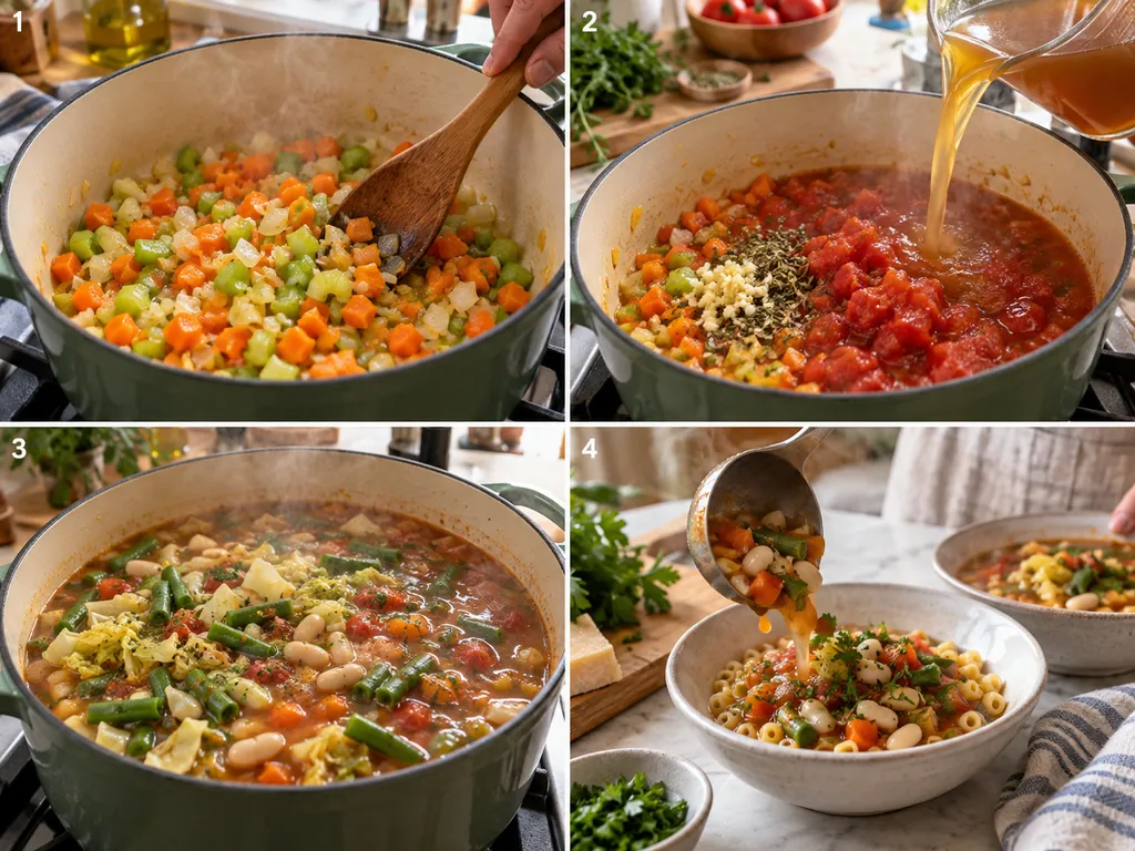 Cztery etapy gotowania zupy minestrone w garnku i misce