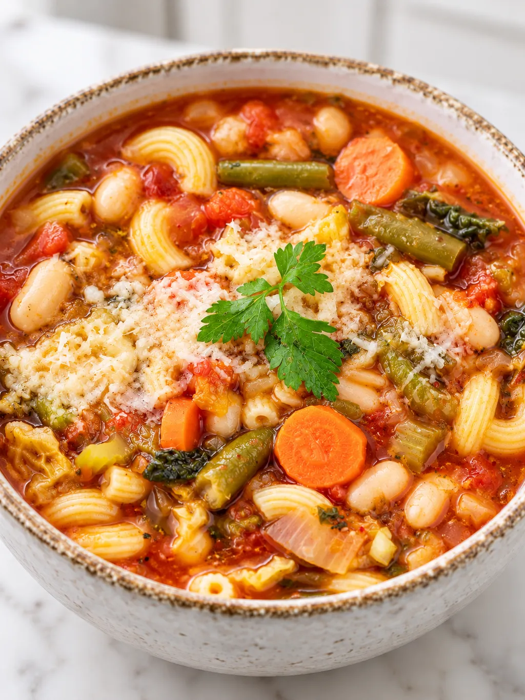Miska zupy minestrone z fasolą, makaronem i zielonymi warzywami