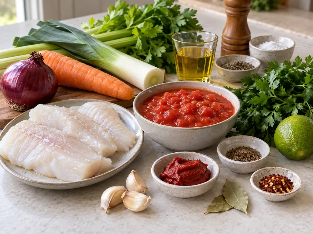 Składniki na zupę rybną z dorszem, pomidorami, warzywami i limonką