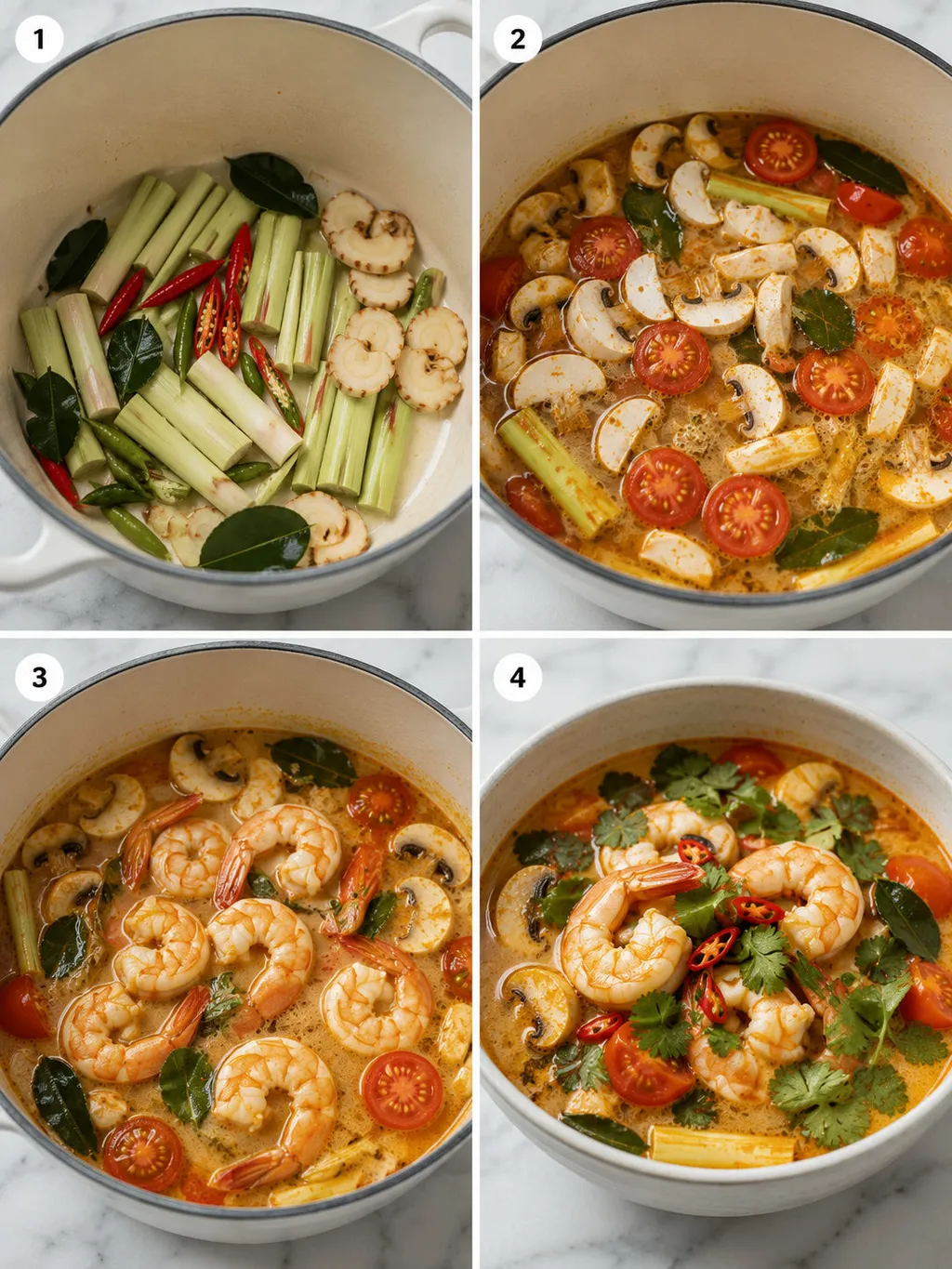Cztery etapy przygotowania zupy tom yum, od aromatów po krewetki w wywarze