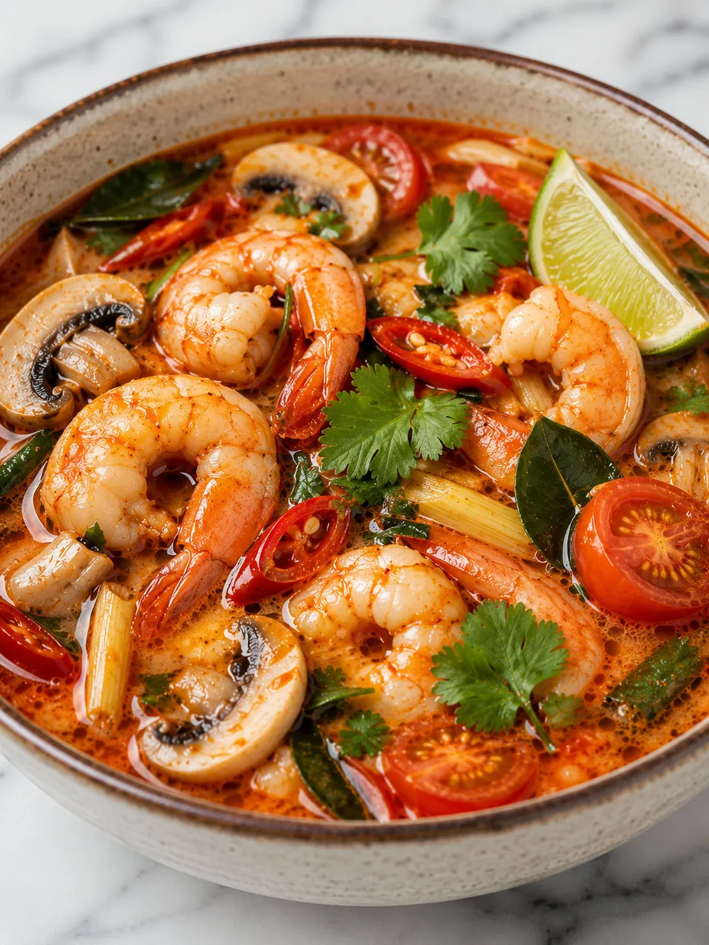 Miska pikantnej zupy tom yum z krewetkami, limonką i świeżą kolendrą