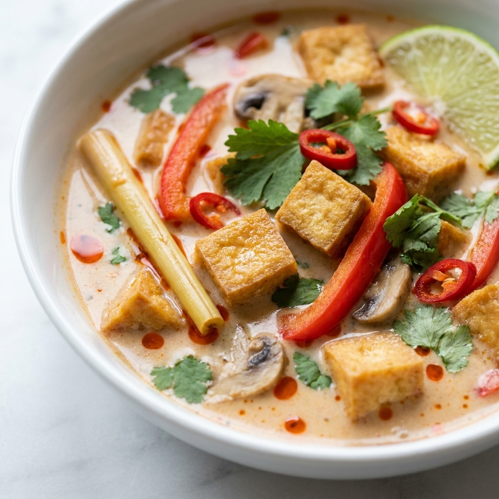 Thai coconut soup with fried tofu, red pepper and mushrooms in a ceramic bowl