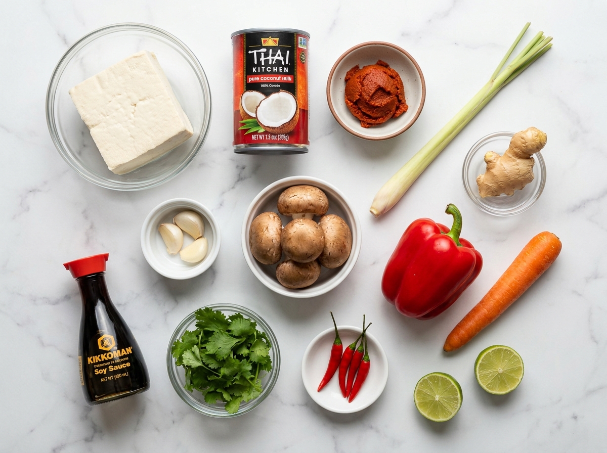 Raw ingredients for Thai coconut tofu soup including curry paste and lemongrass