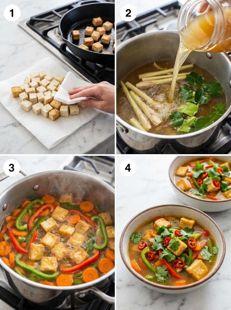 Four steps of making Thai coconut tofu soup from frying tofu to adding coconut milk