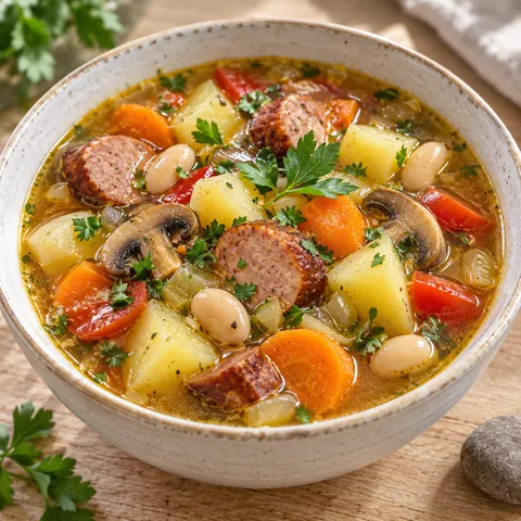 Zupa z kamienia z kiełbasą, fasolą, ziemniakami i natką