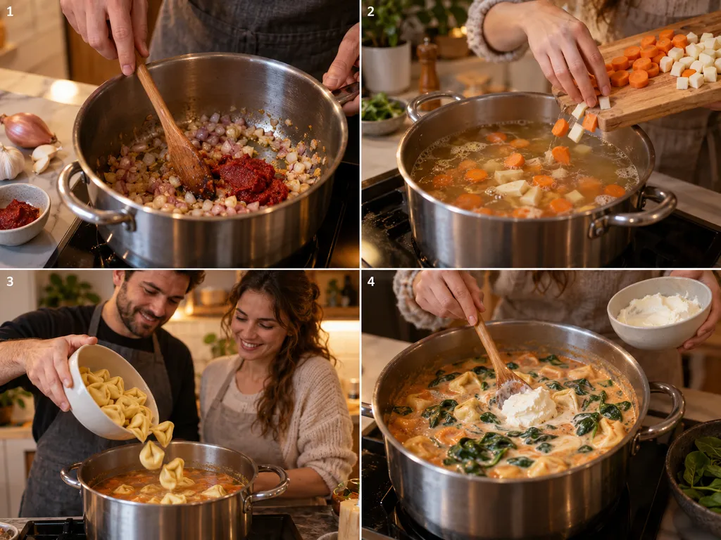 Cztery kroki gotowania kremowej zupy z tortellini i szpinakiem