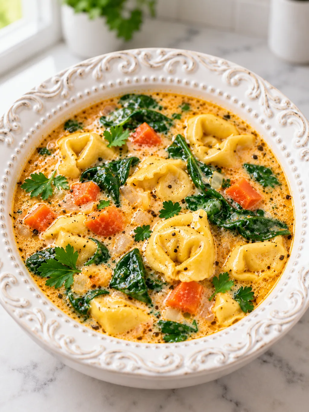 Miska kremowej zupy z tortellini, szpinakiem i natką pietruszki