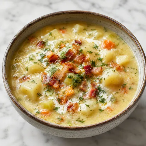 Creamy Polish potato soup with crispy bacon and fresh dill in a rustic bowl