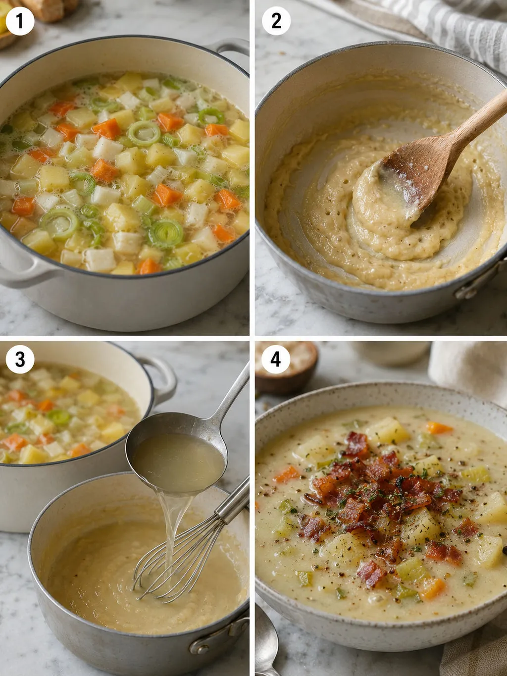 Four steps of making Polish potato soup from simmering to stirring in cream