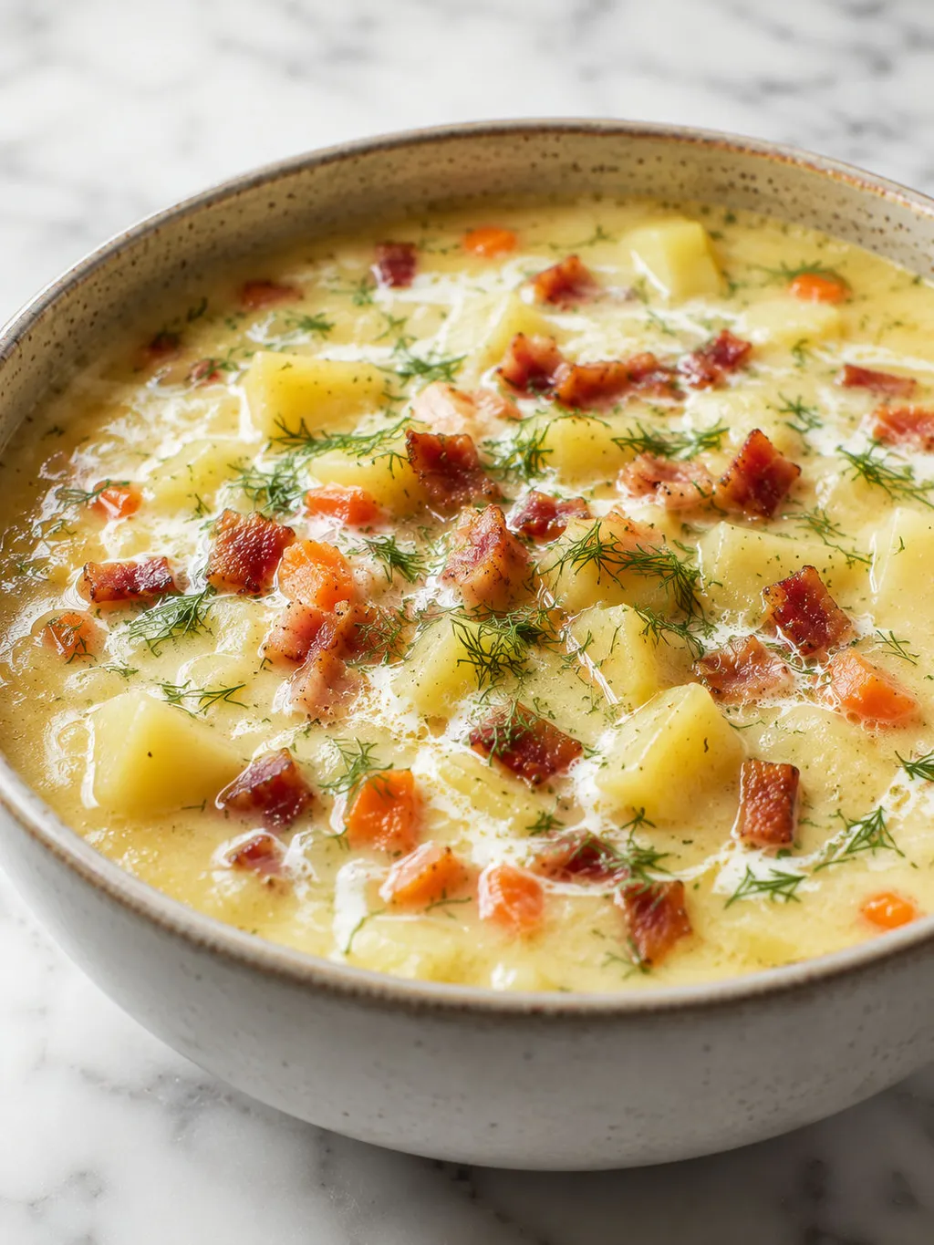 Spoonful of creamy Polish potato soup with bacon and dill lifted from the bowl