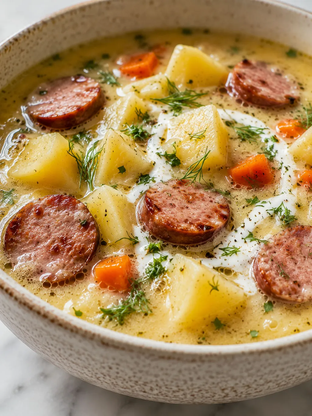 Close-up bowl of creamy Polish potato soup with kielbasa and dill